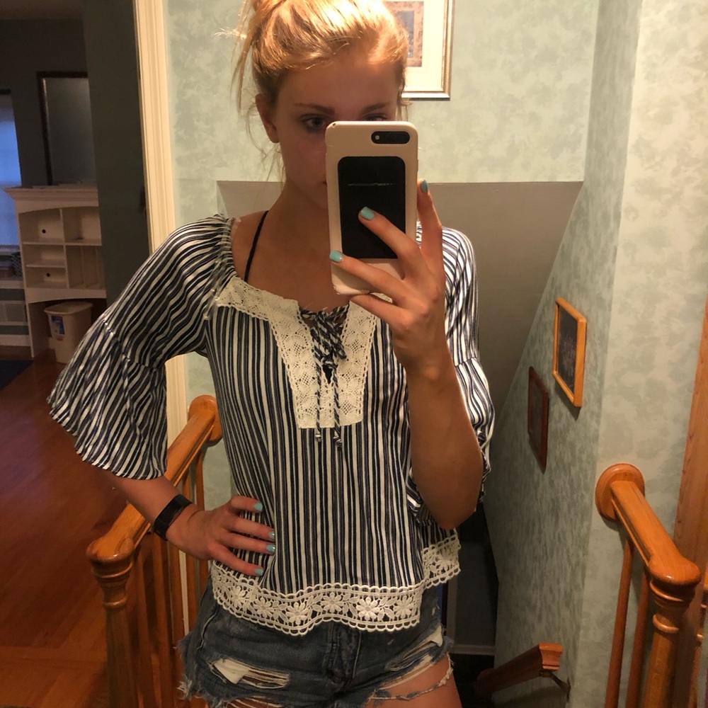 Navy and White Striped Flowy Blouse